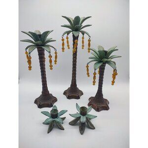 Vintage Lot of 5 Metal Palm Tree Candle Stick Holders, Tropical Tiki Beach Decor